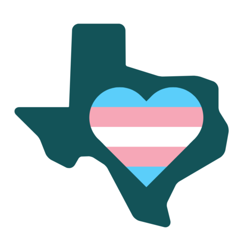 Map of Texas with a LGBTQ+ heart on it.